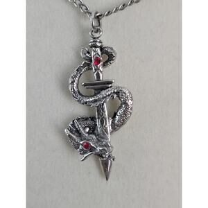 Gothic Pewter Dragon Wrapped Around Sword Pendant Necklace 19" Chain JPI 2007